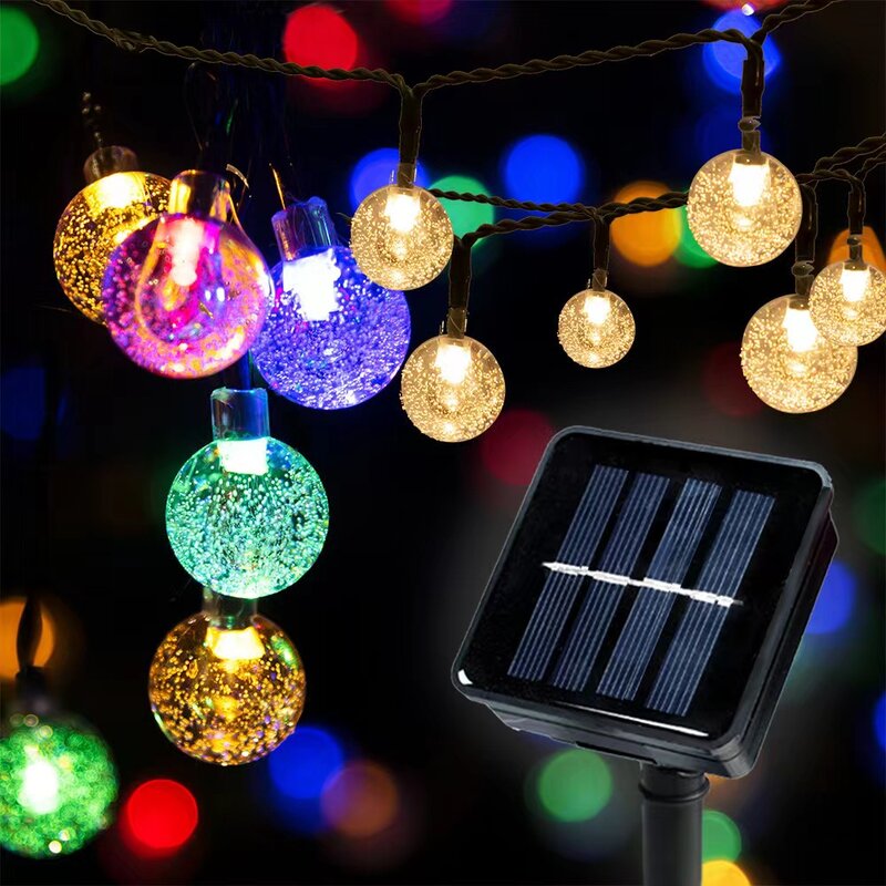 Impermeável Solar Crystal Ball LED String Lights, guirlandas de fadas, festa de Natal, decoração ao ar livre, 8 modos