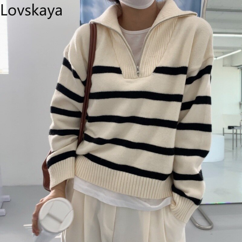 Leisure and Lazy Style Flip Collar Zipper Stripe Design Loose Long sleeved Pullover Knitted Sweater Women