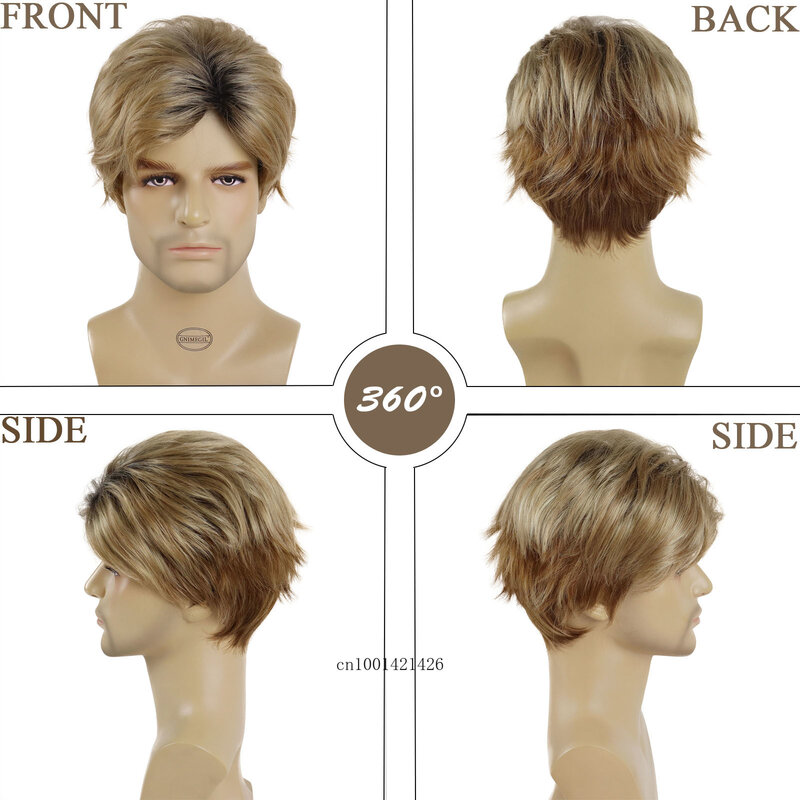 Men's Wigs Short Ombre Hair Synthetic Wig with Bangs Man Guys Daddy Wig Dark Roots Mix Blonde Wigs for Men Fashion Style Cool