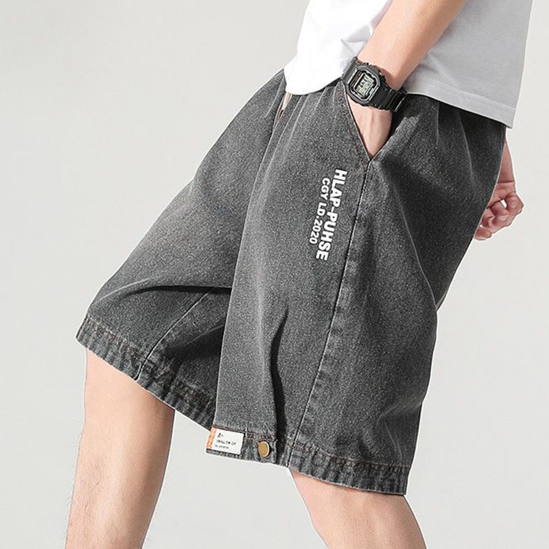 กางเกงขาตรงเอวยางยืด5/4ของผู้ชายกางเกงหลวมระบายอากาศสไตล์อินเทรนด์ celana pendek DENIM ฤดูร้อนเชือกรูดชายหาด