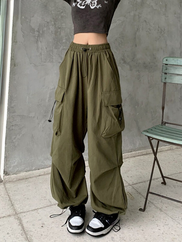 Harajuku luźne szerokie nogawki Vintage, z kieszeniami Cargo spodnie sznurkiem wysokiej talia, moda uliczna spodnie damskie Y2k koreański mody