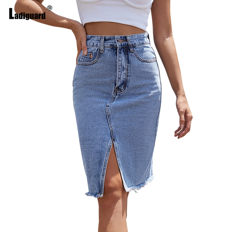 Ladiguard 2023 Summer Fashion Knee-Length Denim Skirt Women Streetwear Sexy Irregular Bodycon Skirts High Waist Short Jeans
