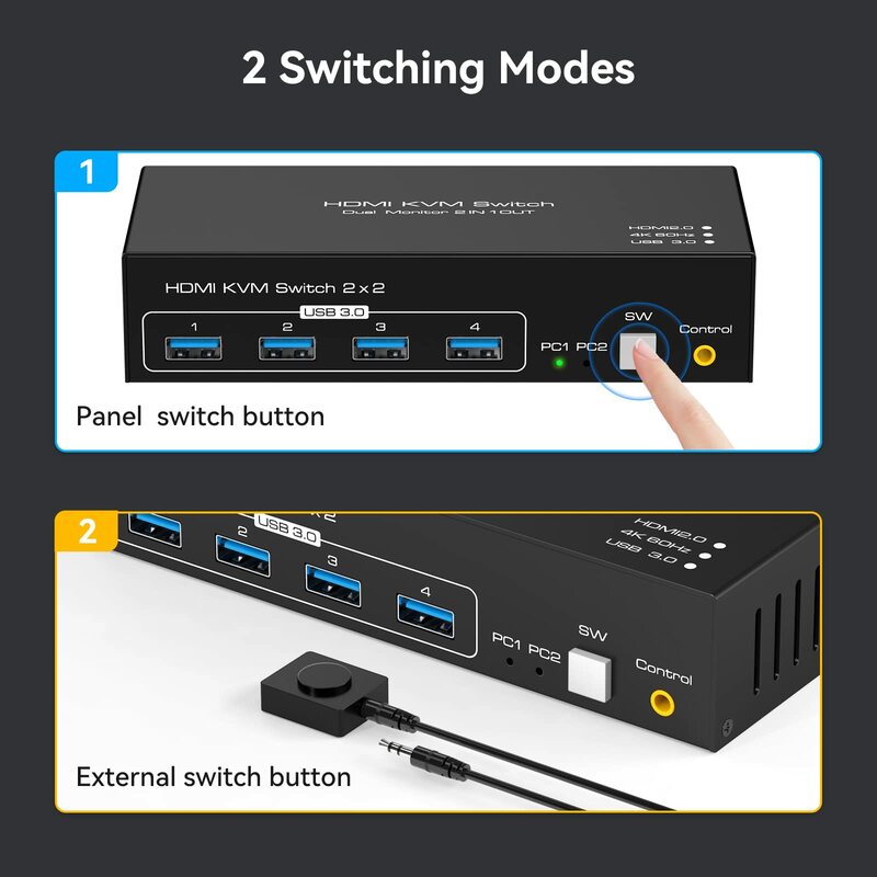 KVM-переключатель 4K HDMI с двумя мониторами, 2 монитора, 2 компьютера, 4K @ 60 Гц, USB 3,0 KVM-переключатели для 2 ПК или ноутбуков, совместное использование клавиатуры и мыши