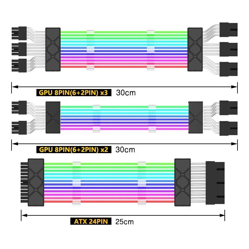 كابل تمديد إمداد طاقة PSU لمزامنة الكاميرا 18AWG ARGB من jumtop طقم كابل تمديد ATX 24PIN VGA GPU PCI-E 8PIN 6Pin RGB وحدة كابلات