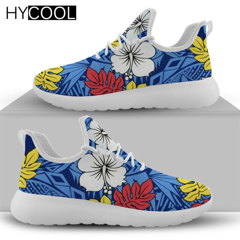 HYCOOL New Arrival Women Mesh Knit Sport Shoes Hawaiian Flower with Polynesian 3D Print Lightweight Gym Female Sneakers Zapatos