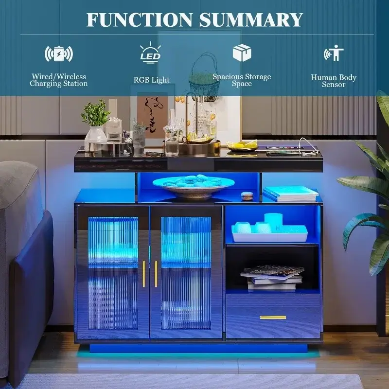 39.4 "moderner LED-Sideboard-Buffets chrank mit Ladestation, Hochglanz schrank mit Körpers ensor licht, Kaffee barsch rank