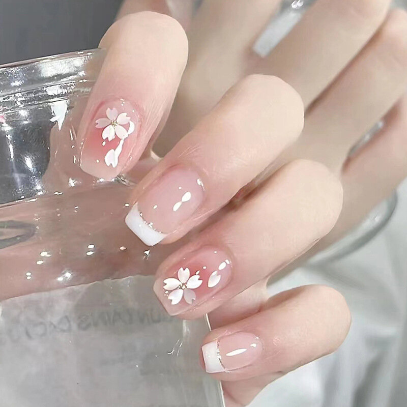 Słodka górska herbata do noszenia różowa prasa na sztuczne paznokcie z klejem sztuczne paznokcie wzór motyl urocza dziewczyna sztuczne paznokcie