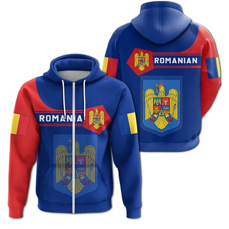 New Hot Fashion Romania Flag Graphic Zip felpe con cappuccio emblema rumeno felpe con cappuccio con stampa 3D pullover oversize a maniche lunghe