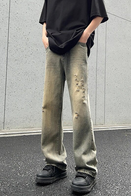 Высокоуличные тяжелые рваные микро-джинсы с водяными отверстиями, высокоуличные тяжелые рваные микро-рваные джинсы с водяными отверстиями