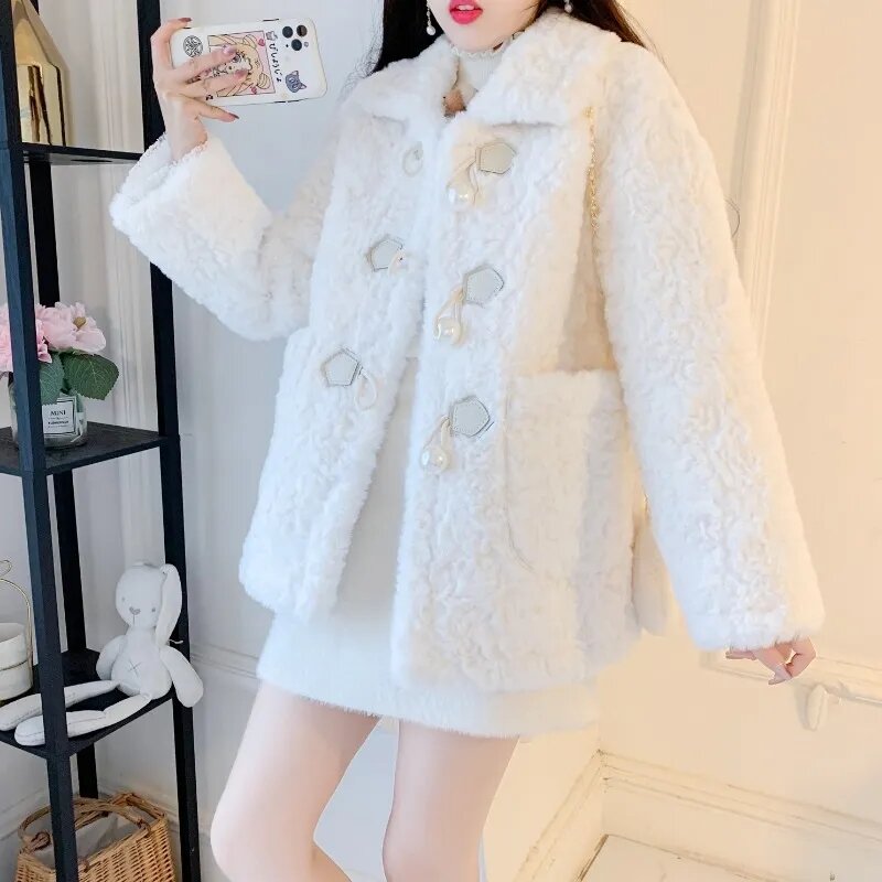 여성용 모조 토끼 봉제 코트, 한국 버전, 느슨한 양털 모조 모피 코트, 2023 겨울 신상