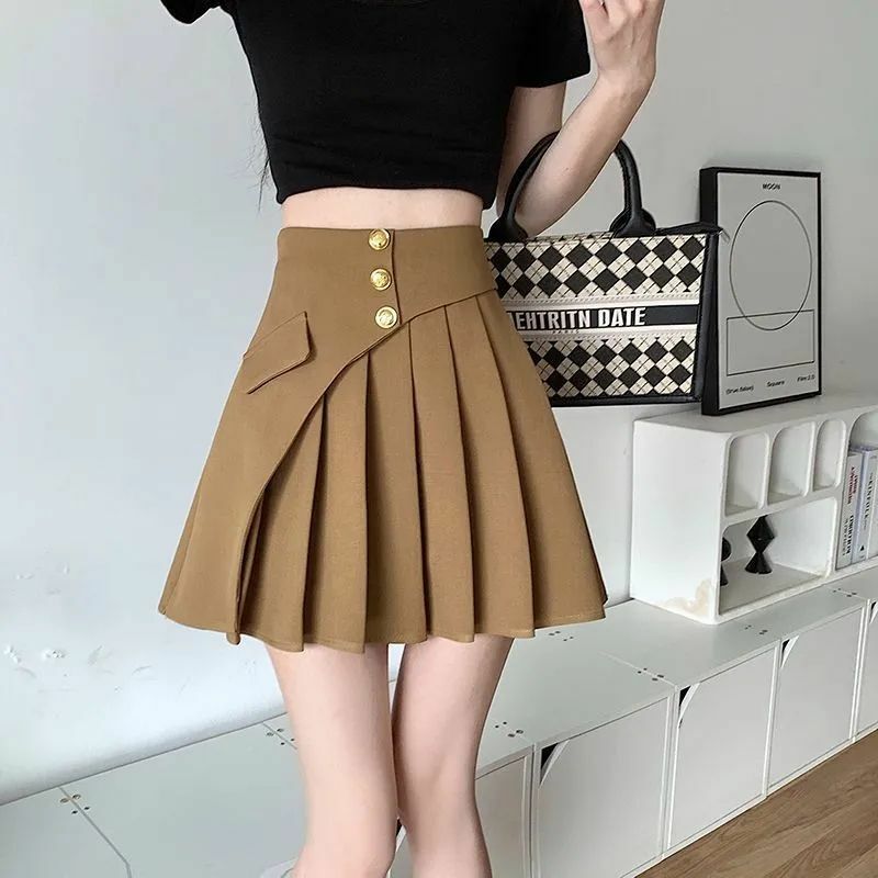 Sweet Fashion Versatile Spring Summer New Skirts Women Solid Folds Single Breasted Irreg Korean Casual High Waist A-line Skirt