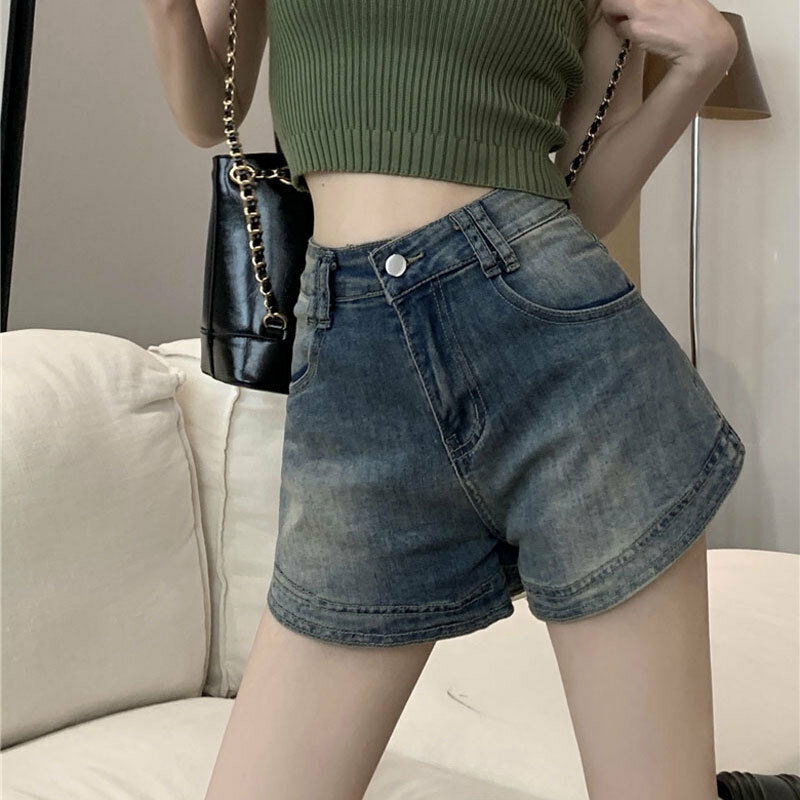 Denim Planet Spicy Girl Tight Denim Shorts For Women In Summer Style Distressed High Waisted A-Line Wrap Buttocks Elastic Ultra