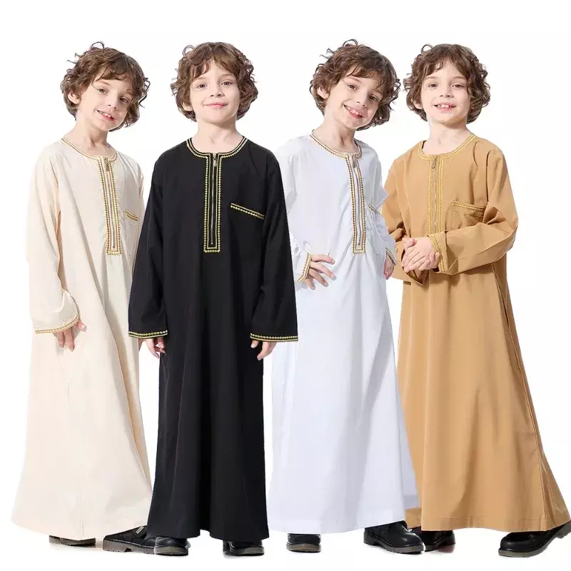Jubah anak laki-laki Muslim kerah bulat baju lengan panjang bordir gaun Arab Saudi Abaya Kaftan Jubba pakaian Islami