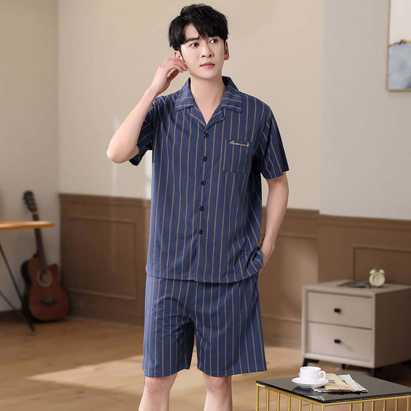Pijama de manga corta para Hombre, ropa de dormir masculina con estampado a cuadros, de algodón, talla grande XXXL
