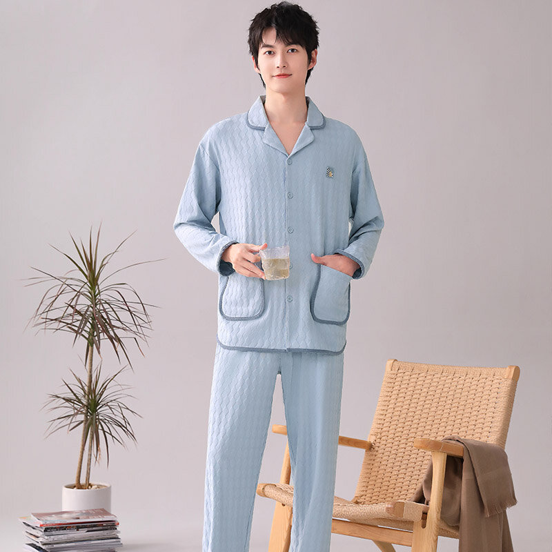 Men Cotton Pajamas M-XXXL Jacquard Weave Pajamas Sets Sleepwear Long Sleeve Tops + Long Pants Pijamas Home Clothing Pyjamas Male
