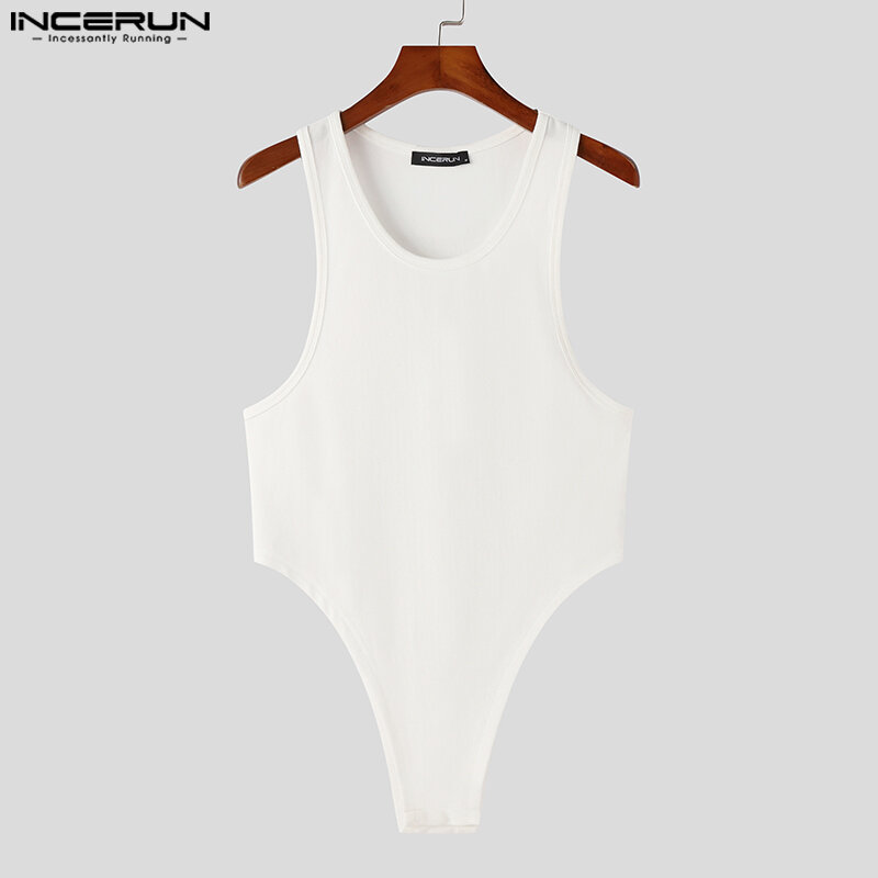 Incerun Mannen Bodysuits Pyjama Effen Kleur O-hals Mouwloos Sexy Fitness Mannen Rompertjes 2023 Streetwewar Tank Tops Bodysuit S-5XL