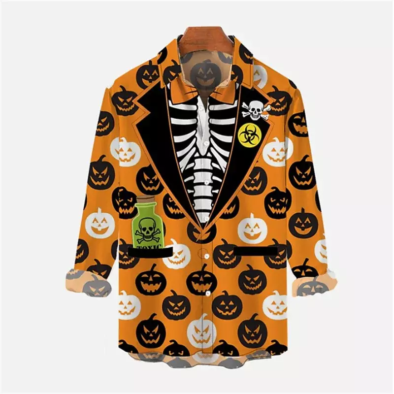 Camiseta de Halloween para hombre, camisa de calabaza con botones, suave, cómoda, transpirable, informal, traje de moda, corbata, Calavera, 2023