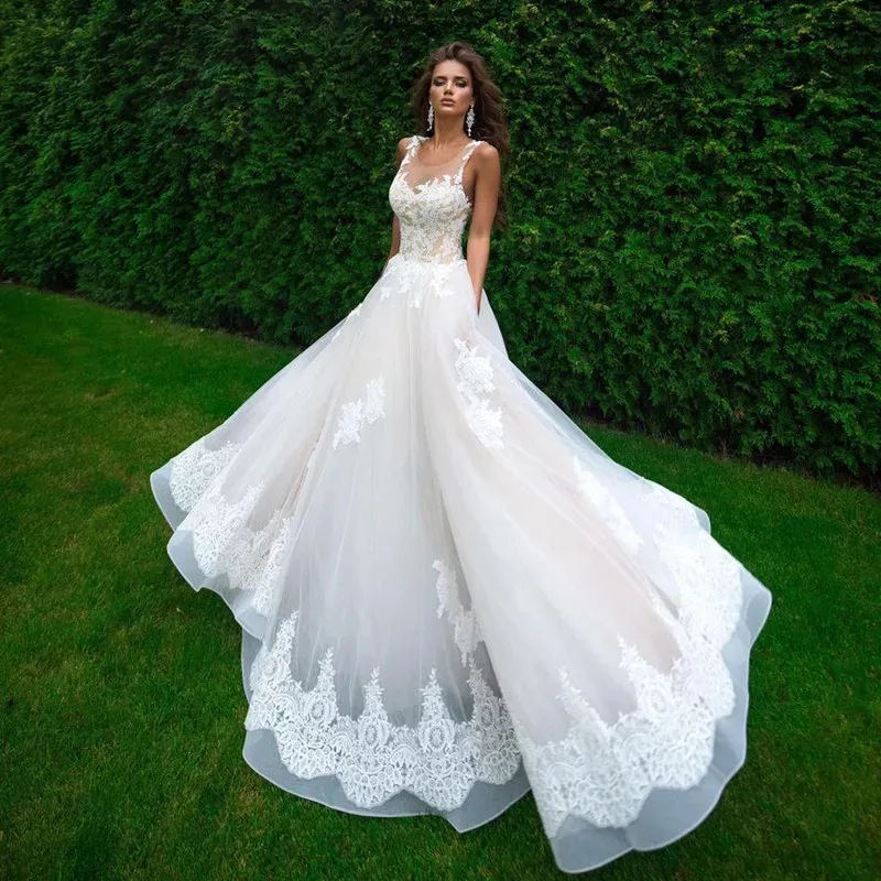 Gaun pernikahan renda kerah tipis seksi dengan gaun pengantin Applique bordir kereta api A-Line Vestido De Noiva Robe De Mariage