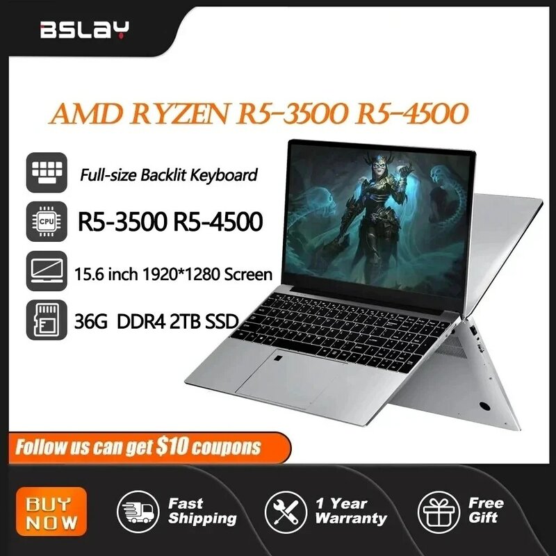 2024 New 15.6 Inch AMD Ryzen R5-3500 R5-4500 MAX 36GB DDR4 M.2 2TB SSD Windows 11 Gaming Laptops Notebook Blacklit Keyboard