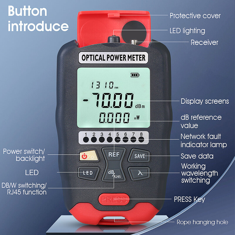 Mini Optical Power Meter(-70~+10dBm/-50~+26dBm OPM)With Network Test and LED Lighting AUA-D7/D5/DC7/DC5 Fiber Optic Cable Tester
