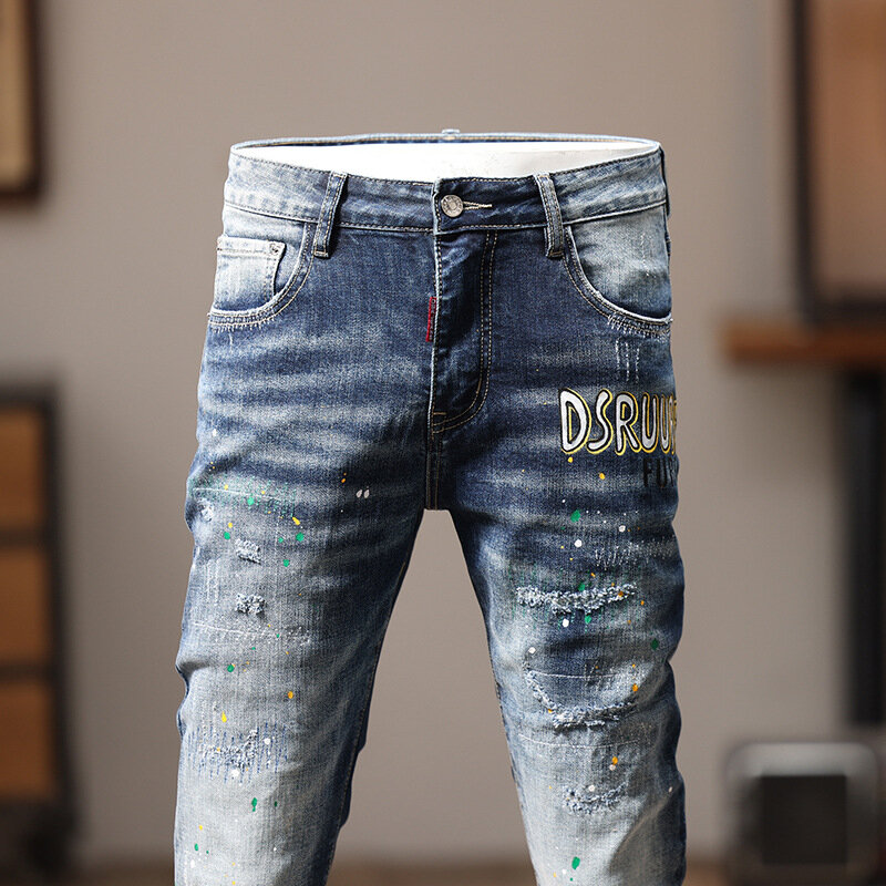 Ретро ностальгические джинсы мужские рваные вышитые Дизайнерские повседневные универсальные облегающие модные уличные мотоциклетные брюки