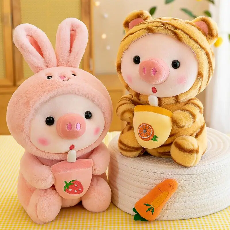 25cm Kawaii Bubble Tea Pig Plush Toys Soft Stuffed Animal Cute Bunny With Tea Cup Plushies Doll Toys for Children Birthday Gifts