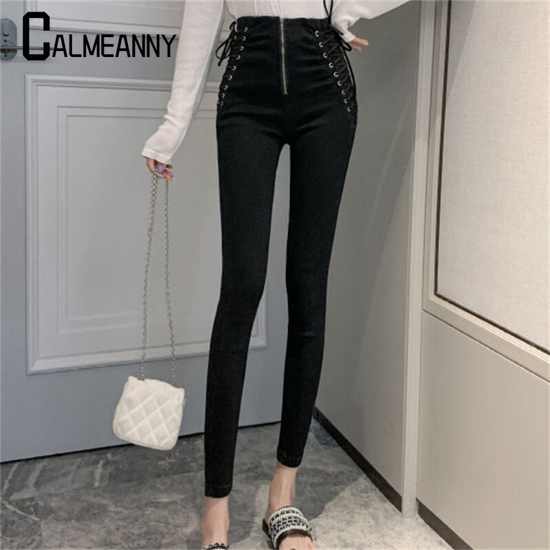Calça jeans feminina de cintura alta rasgada, calça jeans elástica, nova moda, primavera, outono, 2023