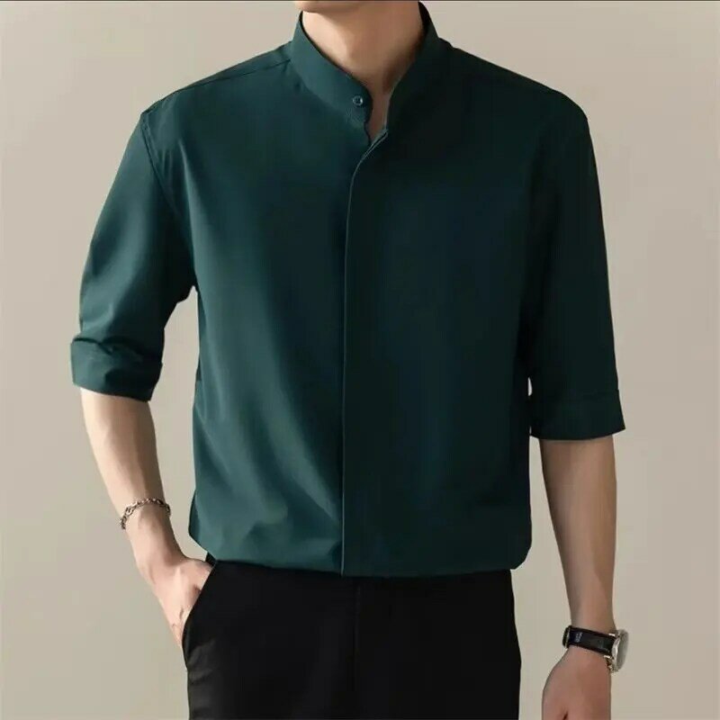 Letnie cienkie stójki lodowy jedwab męskie koszule z krótkim rękawem nowe chińskie guziki, na co dzień biznesowe wąskie koszula z rękawami do połowy długości