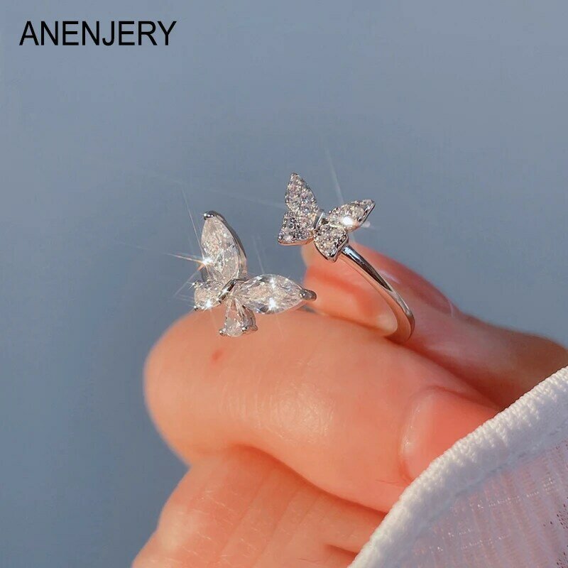 ANENJERY-anillo de circonia brillante para mujer, anillo de apertura de mariposa voladora, diseño Premium, cola de dedo índice