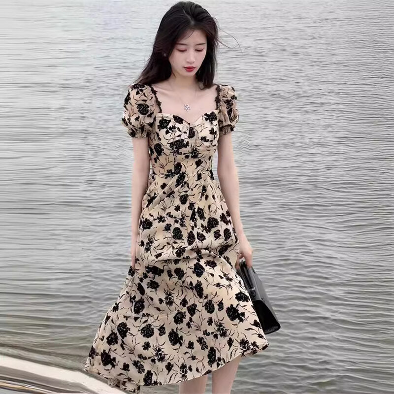 Hot Temperament Slimming Slim Dress French High Waisted Floral Sexy Long Dress Women Trendy