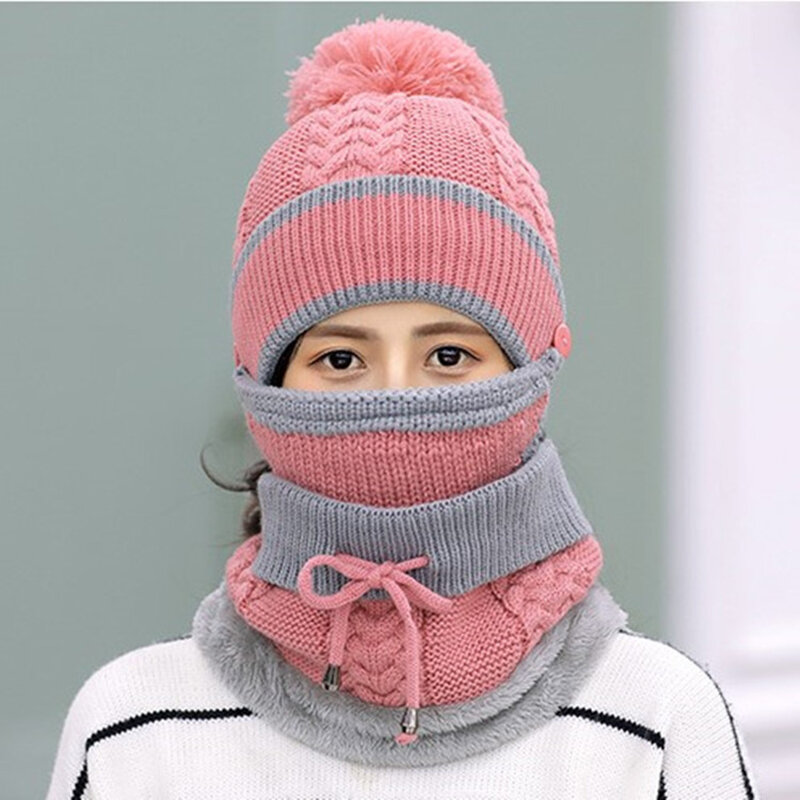 Conjunto de chapéu cachecol de malha quente feminino, esportes de ciclismo ao ar livre, proteção auricular sem aba, inverno
