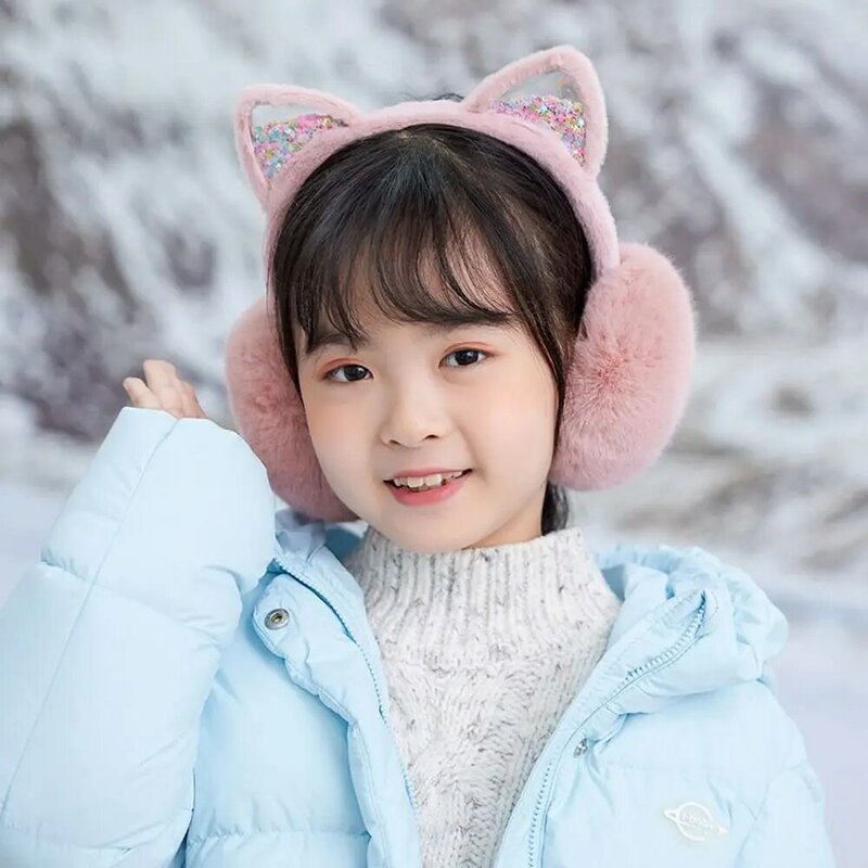 Cartoon Sequin Cat Ear Plush Earmuffs Children Winter Warm Foldable Earflap For Girl Boy Outdoor Anti-Wind Ear Warmer