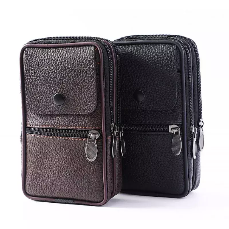 The New Vertical Men's Waist Pack Pu Leather Zipper Flip Phone Bag Simple Large Capacity Business Style