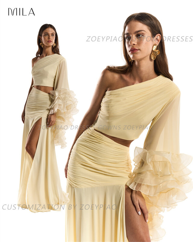 Elegant Yellow Arabic Prom Dresses One Long Sleeve Mermaid Side Slit Chiffon Modern Abendkleider Dubai Formal Occasion Dress