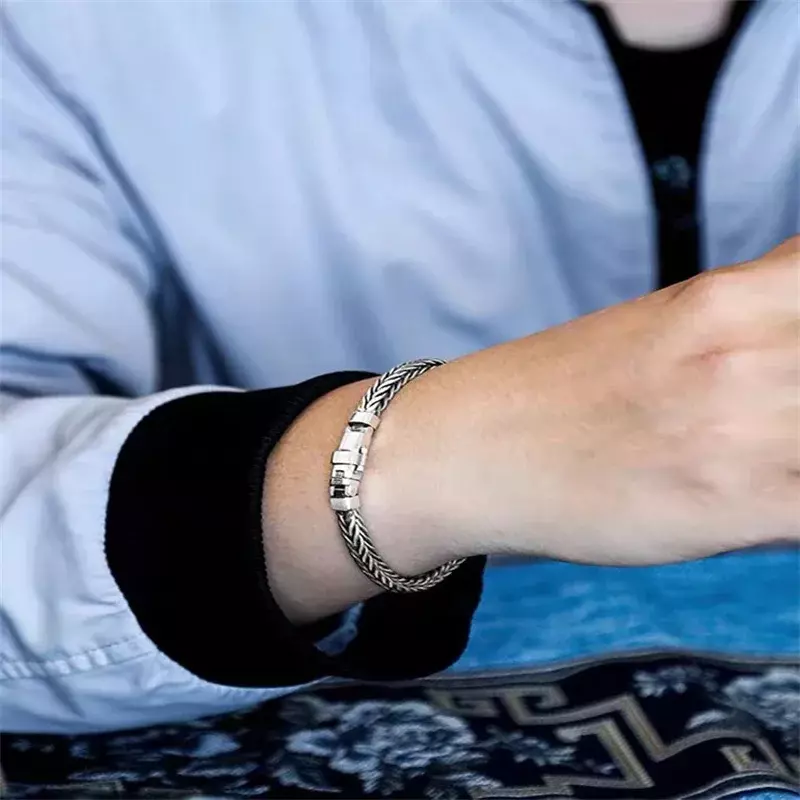 Nowa srebrna Retro tajski S925 srebrna prosty styl ręcznie tkana bransoletka męska wszechstronna bransoletka Trend biżuteria ręczna bransoletka