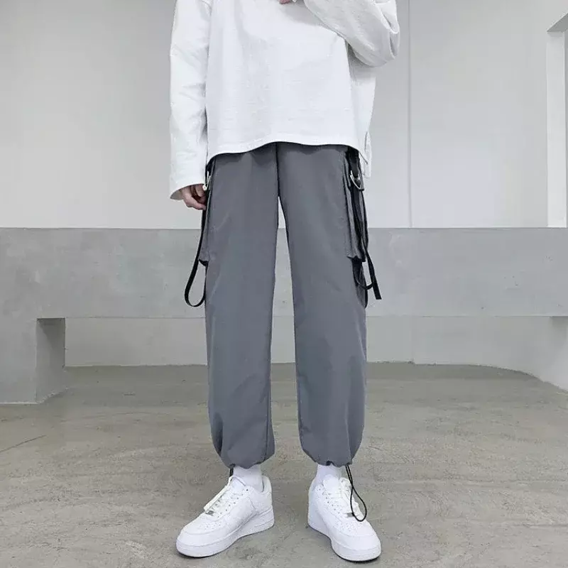 Pantaloni uomo pantaloni Cargo elasticizzati per uomo impilati grigio autunno Nylon nuovo in estetica Techwear Spandex stile coreano Regular Fit