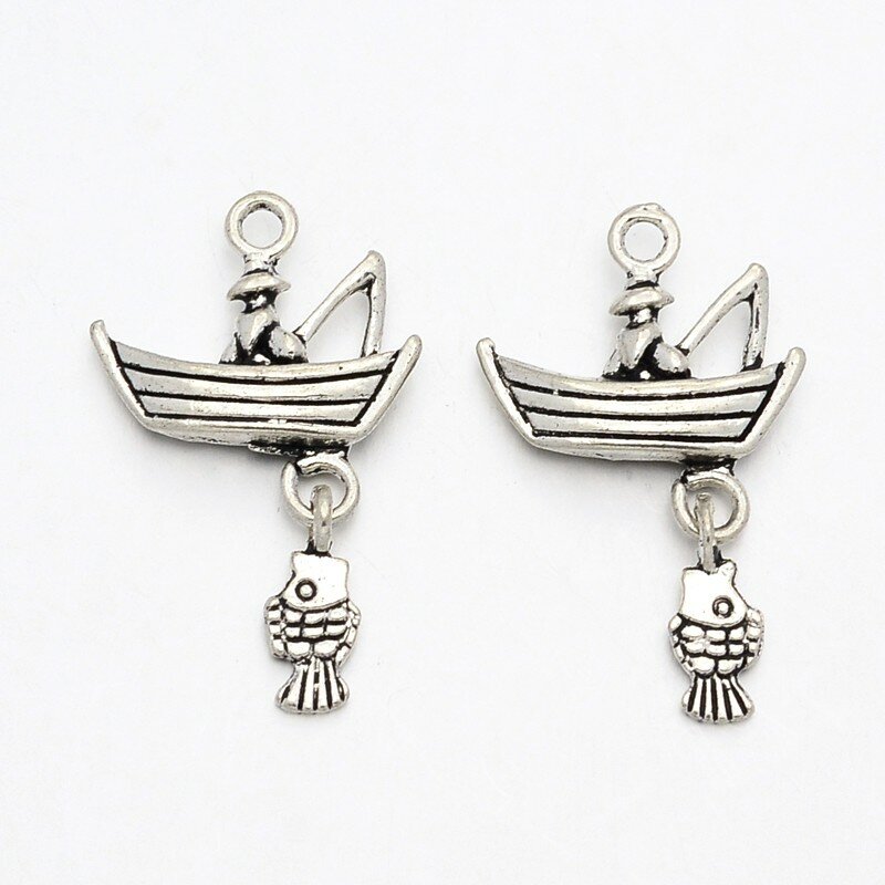 10pcs Tibetan Style Alloy Fisherman & Fish Pendants Boat Charms Antique Silver Color for Jewelry Making DIY Handmade Crafts