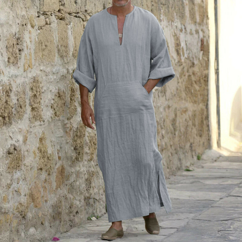 Robe de printemps en coton monochrome pour hommes, t-shirt long tendance, manches mi-longues, col rond, fente latérale, caftan décontracté