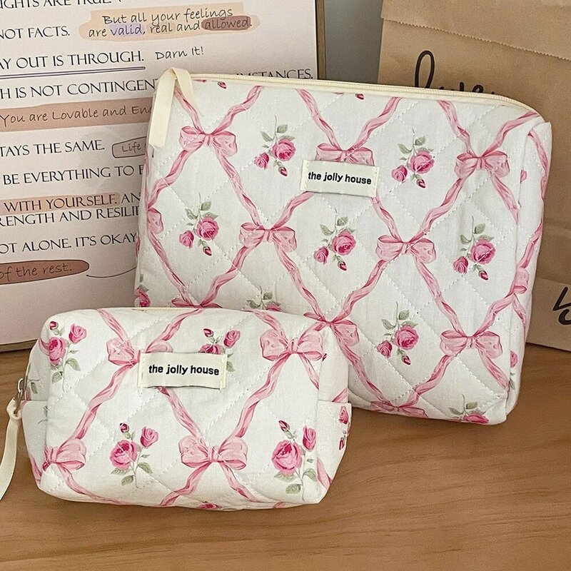 New Cute Bow Knot Zipper Cosmetic Bags Mini Tote Women Makeup Toiletry Storage Pouch Handbag Ladies Large Capacity Quilting Bag