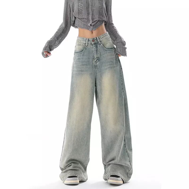 Qweek Vintage Y 2K Baggy Wijde Pijpen Jeans Vrouwen Hoge Taille Losse Casual Grunge Straight Denim Broek Koreaanse Broek Streetwear