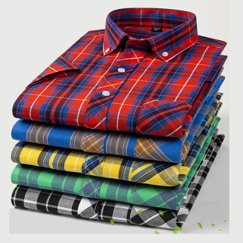 Camisa de manga corta para hombre, 100% algodón, alta calidad, fina, informal, a cuadros, sin planchar, talla grande, transpirable, 6XL