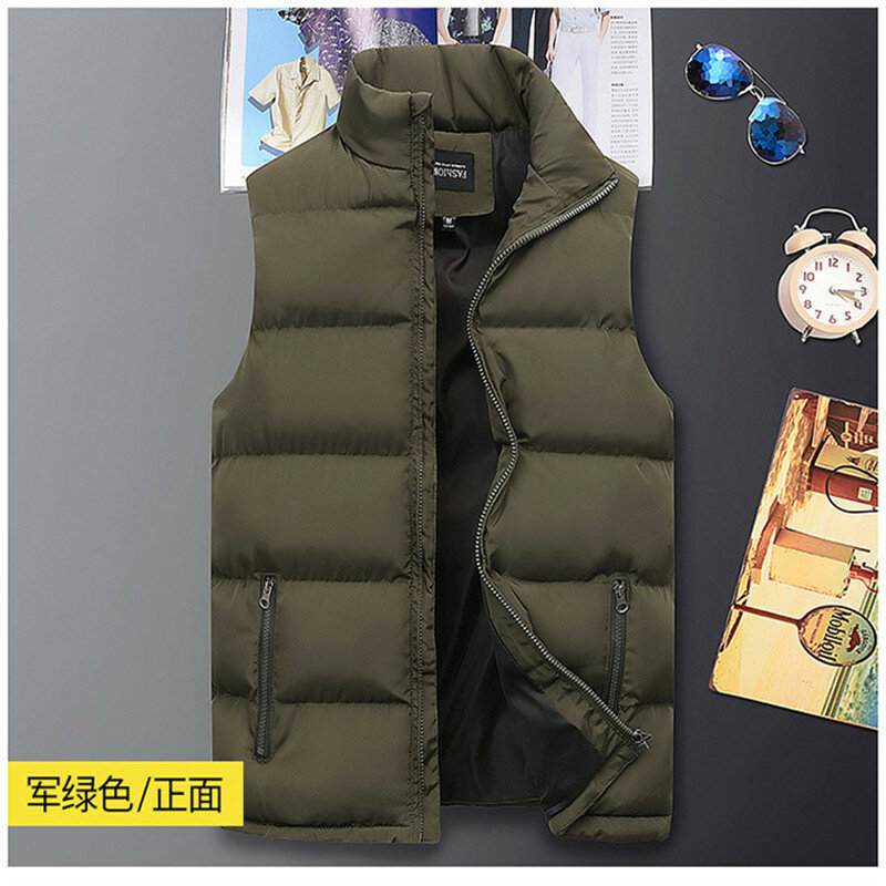 Autumn and Winter Men's Sleeveless Jacket Thick Standing Neck Solid Cotton Tank Top Duck Down Zipper Jacket Sleeveless S~5XL