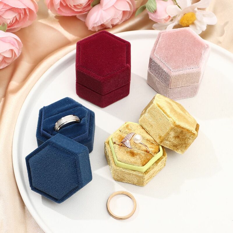 Heksagonal Bentuk Beludru Kotak Perhiasan Cincin Ganda Kotak Penyimpanan Wanita Hadiah Anting Paket Kasus Cincin Pernikahan Tampilan Kotak Kemasan