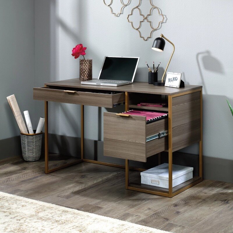 Sauder International Lux Single Pedestal Desk, Diamond Ash Finish Desks Office Furniture