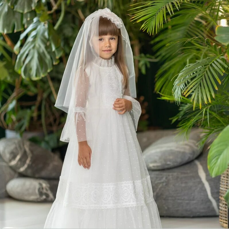 Exquisite White Ivory First Holy Communion Dresses for Girls Long Lace Dot Flower Girl Wedding Dresses Tulle Prom Pageant Robe