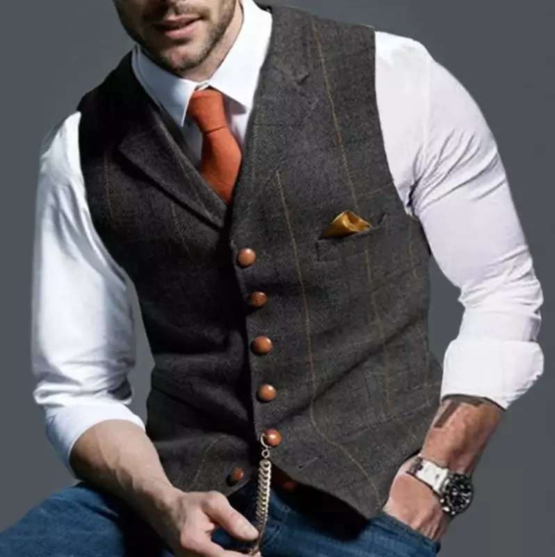 Colete retrô de lapela xadrez masculino, colete de peito único com bolso, roupas formais de negócios, tops casuais da moda