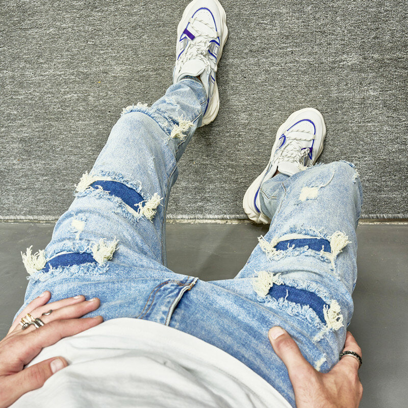 Jeans skinny décontractés pour hommes avec trous, pantalons déchirés pour hommes, streetwear masculin, hip hop monochrome, denim mince, fjwear, mode 2023