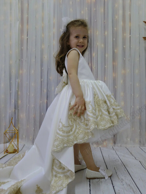 Linda apliques pincess vestidos da menina da flor vestido de baile do bebê meninas couture vestidos de festa de casamento de aniversário trajes personalizados