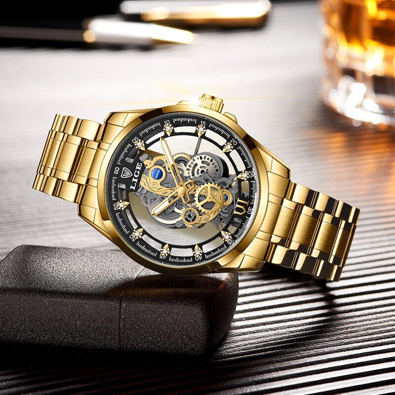 Lige新作メンズ腕時計スケルトンクォーツ腕時計ゴールドスケルトンレトロなマンウォッチトップブランド高級時計メンズ時計reloj hombre