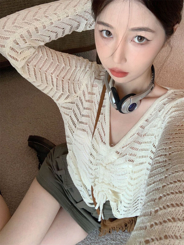Deeptown-suéter feminino oco de malha, jumper de manga comprida, tops finos, gola em v, moda coreana, harajuku, protetor solar, verão, Y2K